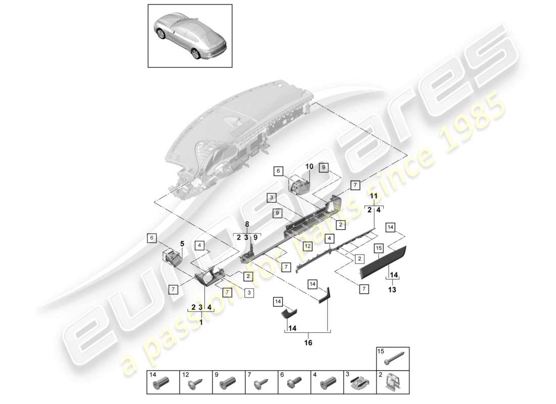 porsche 2021 (panamera 971-1) schéma des pièces de garniture du tableau de bord avant des accessoires