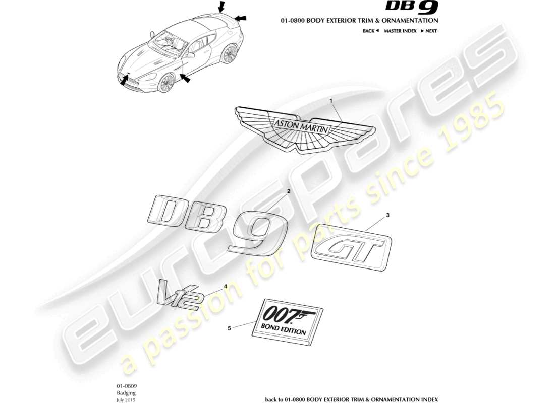 aston martin db9 (2016) diagramme des pièces de marquage