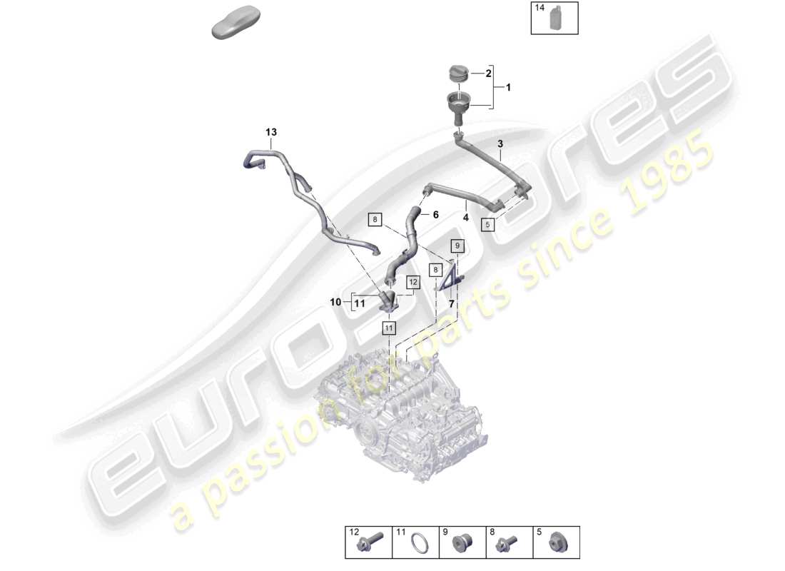 porsche 2021 (718 cayman gt4) schéma des pièces du support de remplissage d'huile du moteur (presse à huile/lubrifiant)