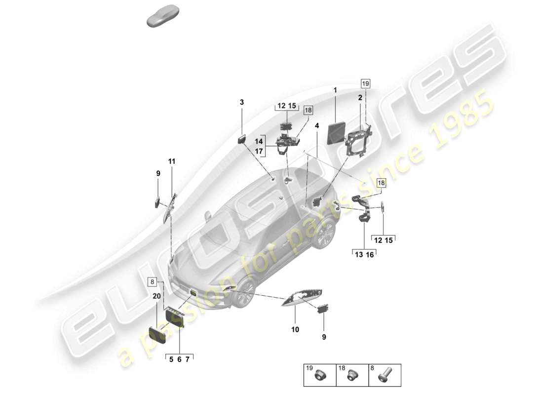 porsche 2026 (macan-e) unité de commande (bcm) pour système de conversion et alimentation ob unité de commande pour l'ouverture de la porte de garage unité de commande pour la régulation de la distance pour les véhicules avec assistance au changement de voie schéma des pièces