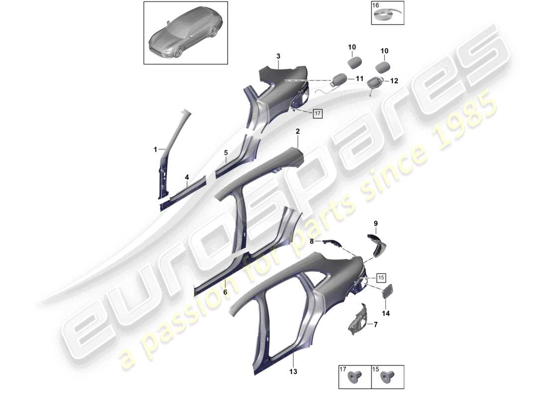porsche 2021 (panamera 971-1) partie latérale extérieure schéma des pièces