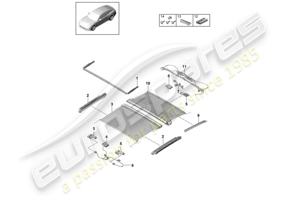 porsche 2021 (panamera 971-1) accessoires pour toit coulissant en verre schéma des pièces
