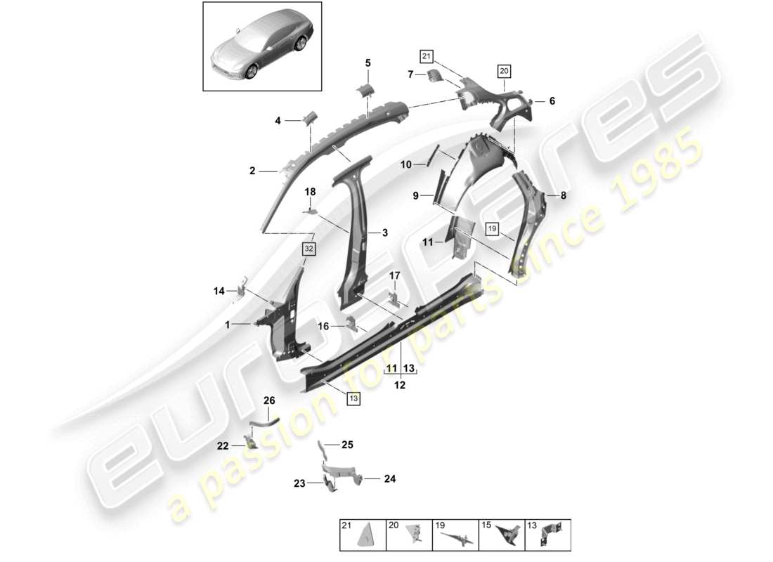 porsche 2021 (panamera 971-1) diagramme de la partie latérale intérieure et extérieure