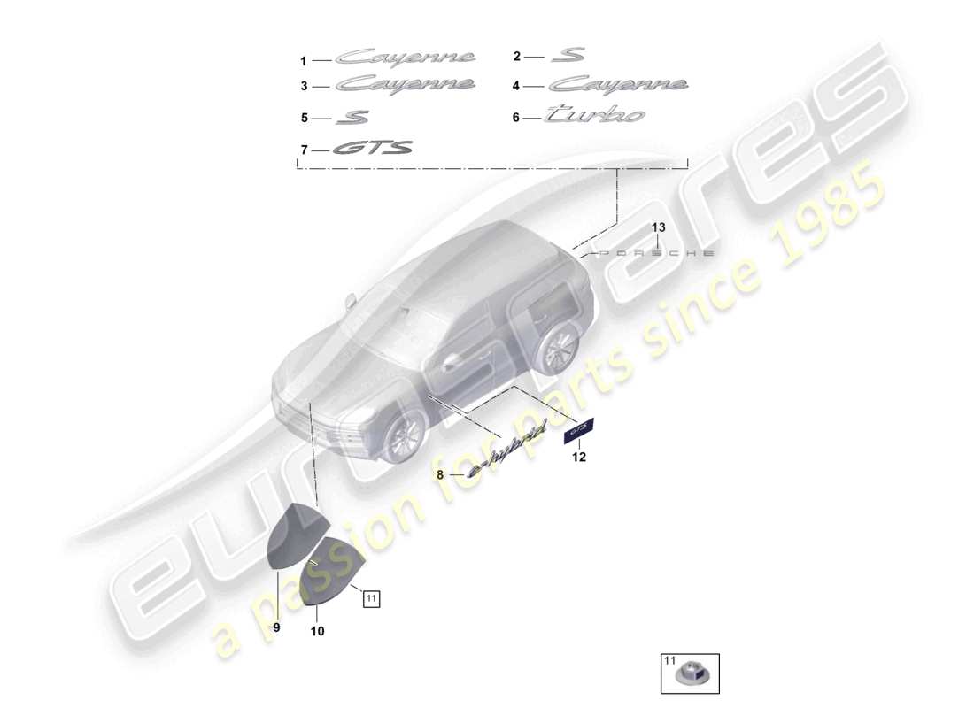 porsche 2025 (cayenne e3 pa) inscriptions/lettrage avant et arrière porsche côté crête extérieur diagramme des pièces