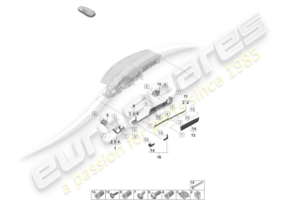 porsche 2024 (panamera 971-2) pièces de fixation du tableau de bord, moulures avant, schéma des pièces
