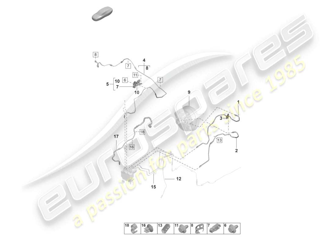 porsche 2022 (panamera 971-2) conduite de frein tuyau de frein de l'unité hydraulique au vase d'expansion du liquide de refroidissement schéma des pièces