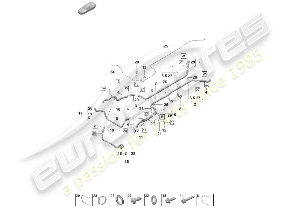 porsche 2022 (992-1 gt3/rs/st) schéma des pièces de la partie avant du système de refroidissement par liquide de refroidissement