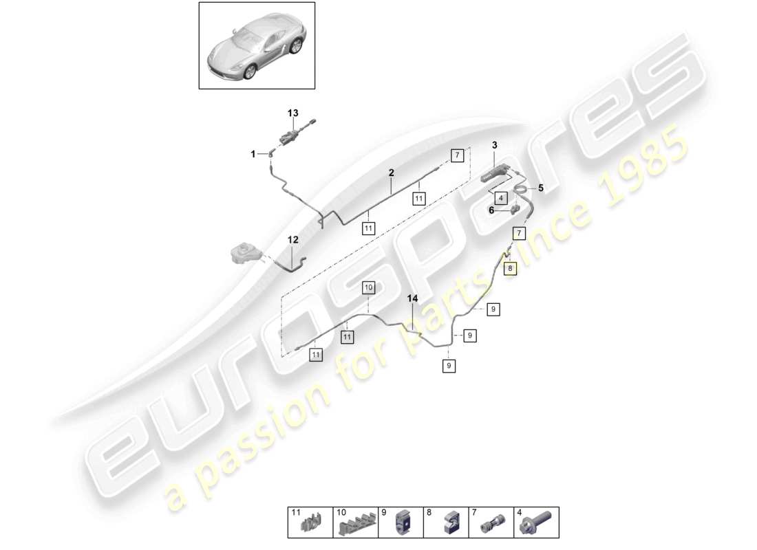porsche 2024 (718 cayman) actionnement de l'accouplement hydraulique maître-cylindre d'embrayage cylindre récepteur d'embrayage schéma des pièces du tuyau