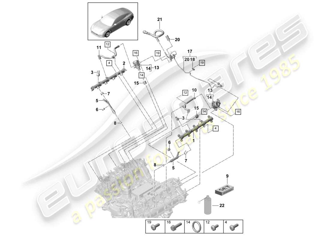 porsche 2021 (panamera 971-1) schéma des pièces du tuyau de collecte de carburant, de l'injecteur haute pression et de la pompe haute pression