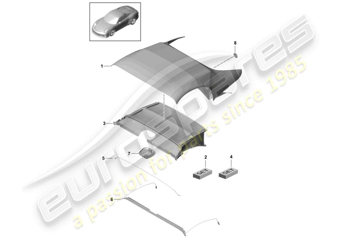 porsche 2021 (991-2 r/gt3/rs) schéma des pièces de la garniture de toit extensible pour capote décapotable