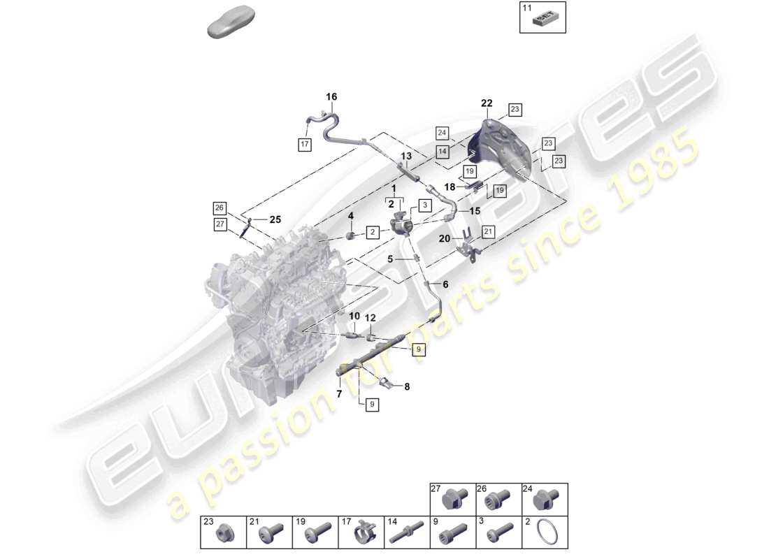 porsche 2025 (cayenne e3 pa) tuyau de collecte de carburant injecteur haute pression pompe haute pression schéma des pièces de la conduite de carburant