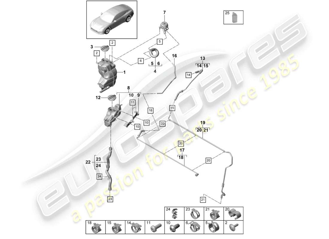 porsche 2021 (panamera 971-1) système de refroidissement du liquide de refroidissement vase d'expansion du liquide de refroidissement conduite de reniflard schéma des pièces