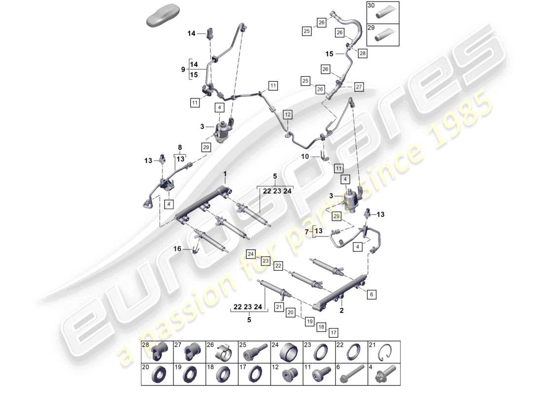 porsche 2024 (992-2) schéma des pièces de la pompe haute pression du système d'injection et de l'injecteur haute pression