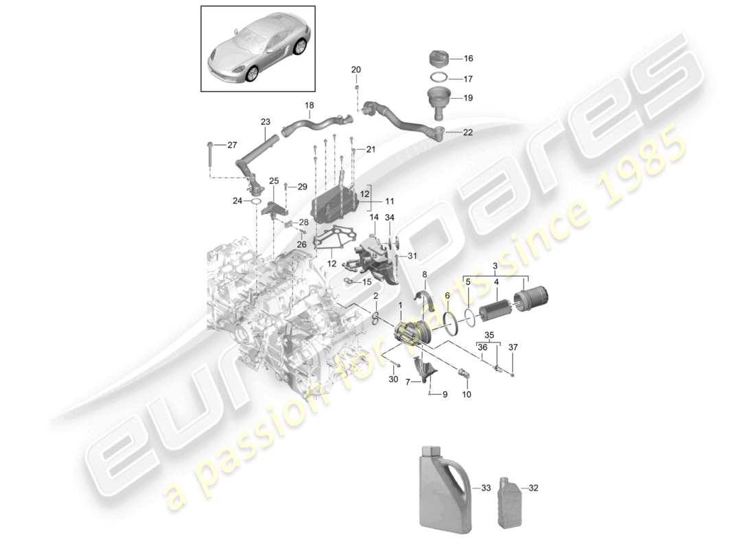 porsche 2025 (718 cayman) moteur (presse à huile/lubrifiant), filtre à huile, tuyau de remplissage d'huile, échangeur de chaleur, schéma des pièces
