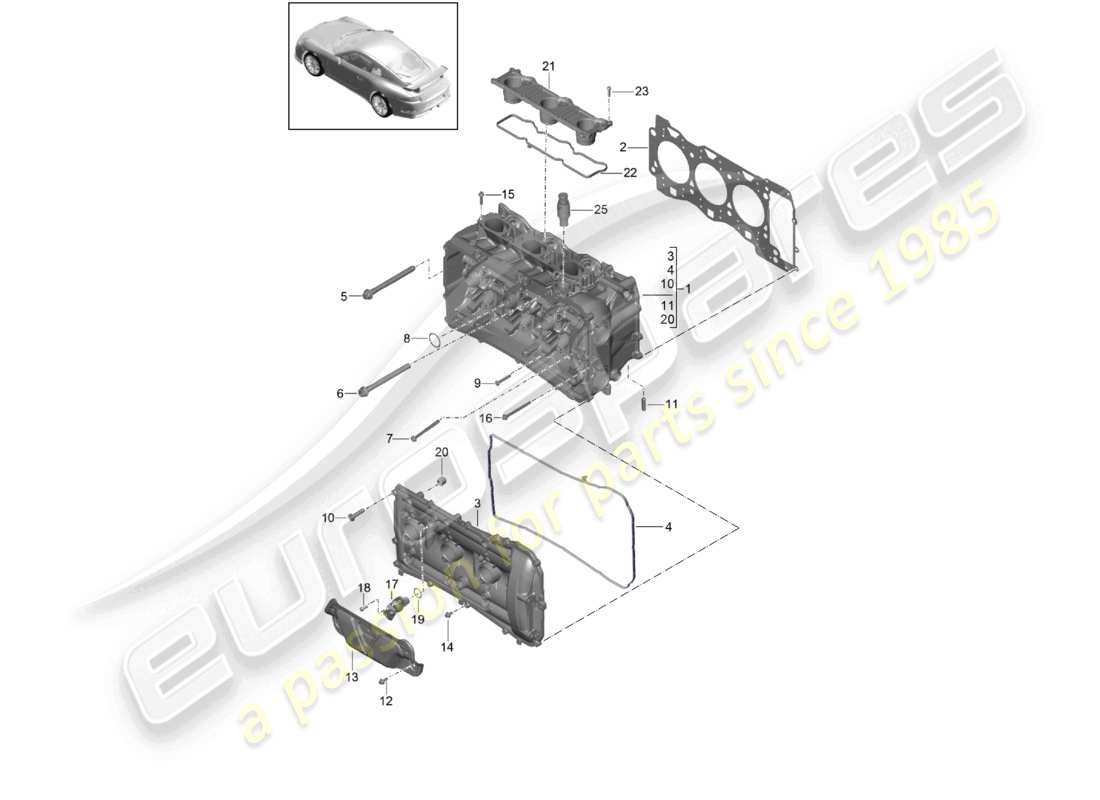 porsche 2021 (991-2 r/gt3/rs) culasse avec : soupape joint de culasse couvercle de soupape schéma des pièces
