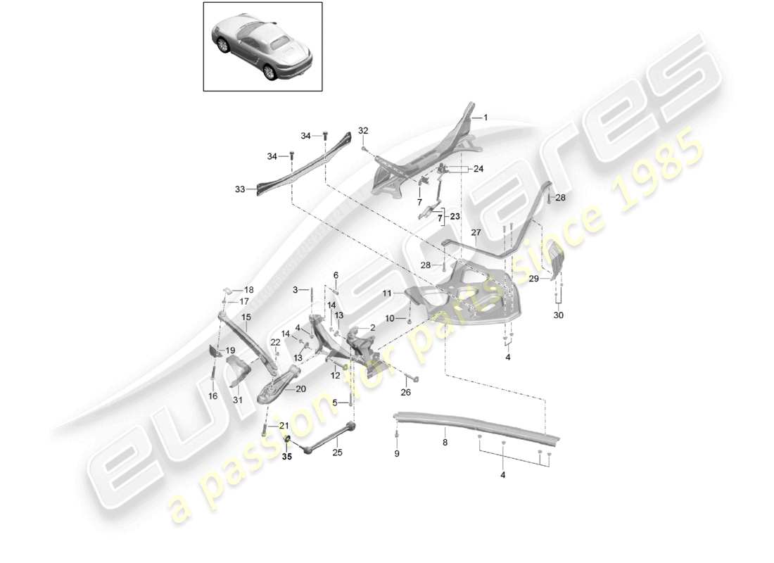 porsche 2021 (718 boxster) schéma des pièces du guide de support de la partie latérale de l'essieu arrière