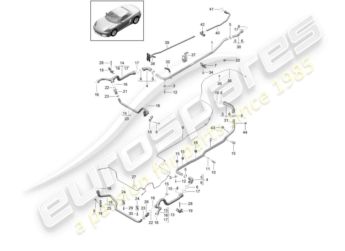 porsche 2021 (718 boxster) système de refroidissement du liquide de refroidissement tuyau de liquide de refroidissement conduite de reniflard schéma des pièces