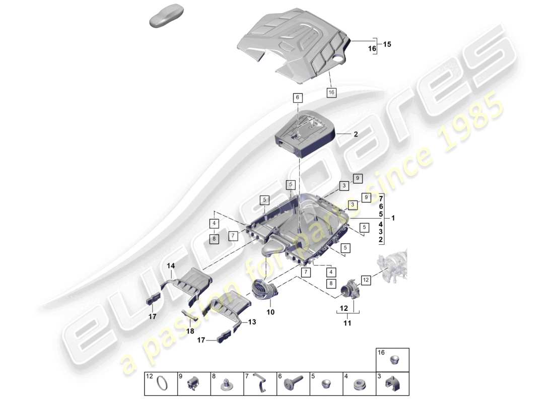 porsche 2026 (cayenne e3 pa) filtre à air avec pièces de connexion couvercle du moteur schéma des pièces