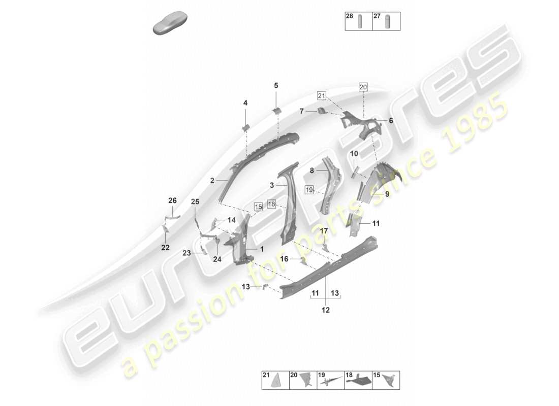 porsche 2022 (panamera 971-2) diagramme de la partie latérale intérieure et extérieure
