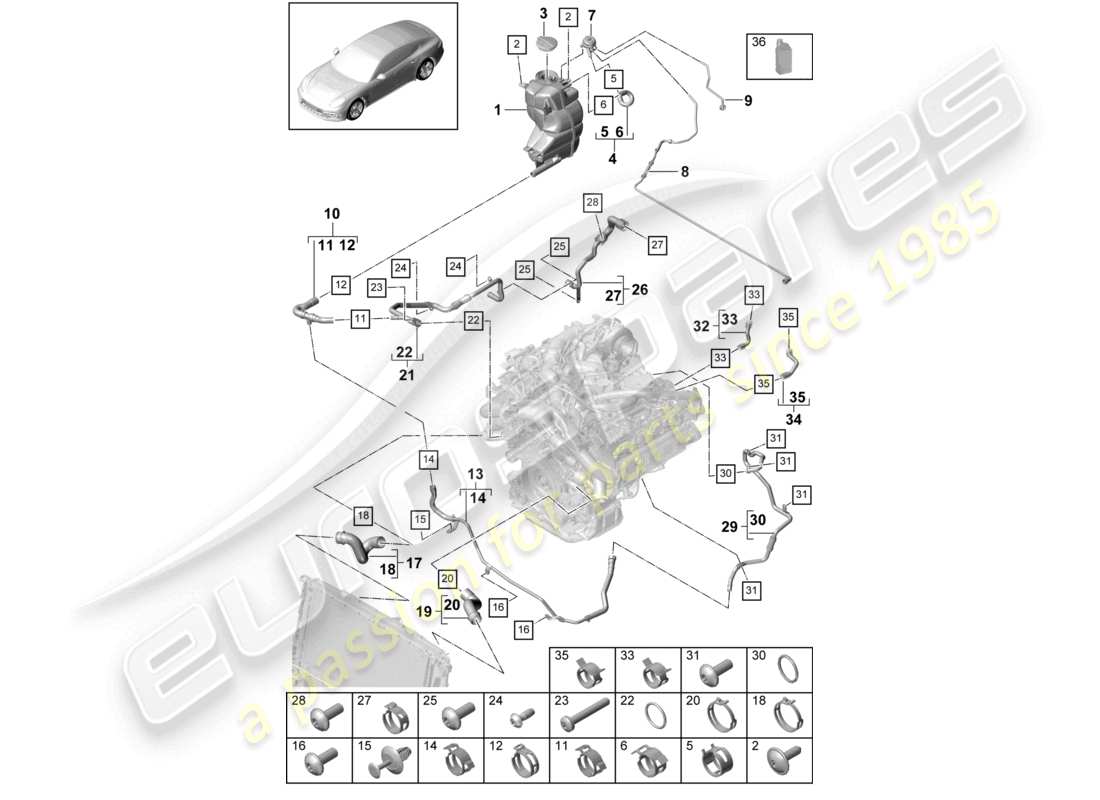 porsche 2021 (panamera 971-1) système de refroidissement du liquide de refroidissement vase d'expansion du liquide de refroidissement conduite de reniflard pour les modèles sans chauffage auxiliaire schéma des pièces