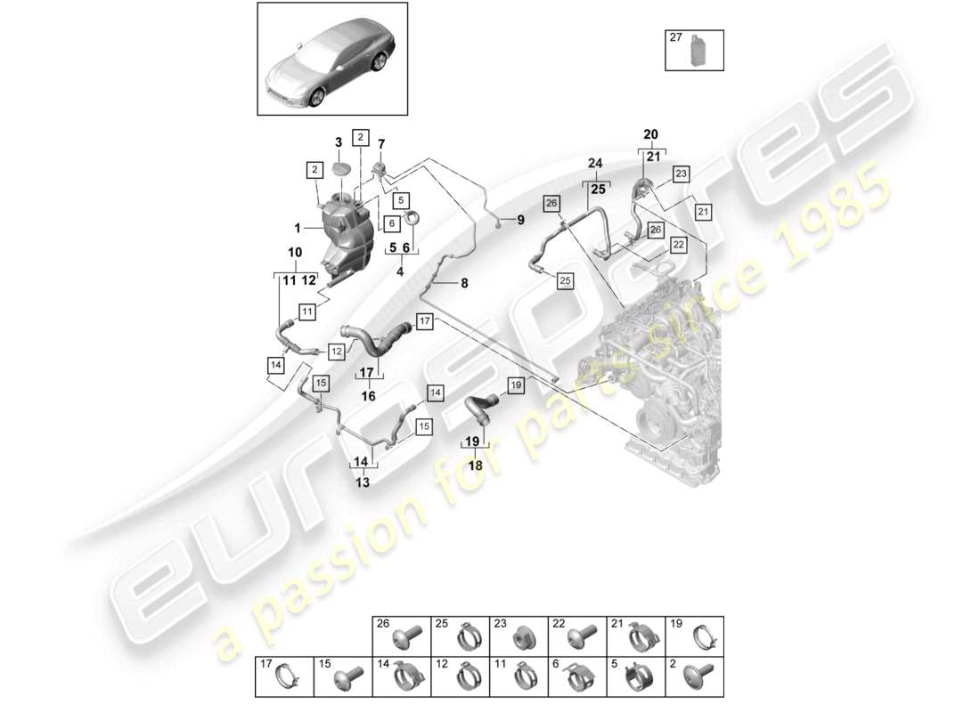 porsche 2021 (panamera 971-1) système de refroidissement du liquide de refroidissement vase d'expansion du liquide de refroidissement conduite de reniflard schéma des pièces