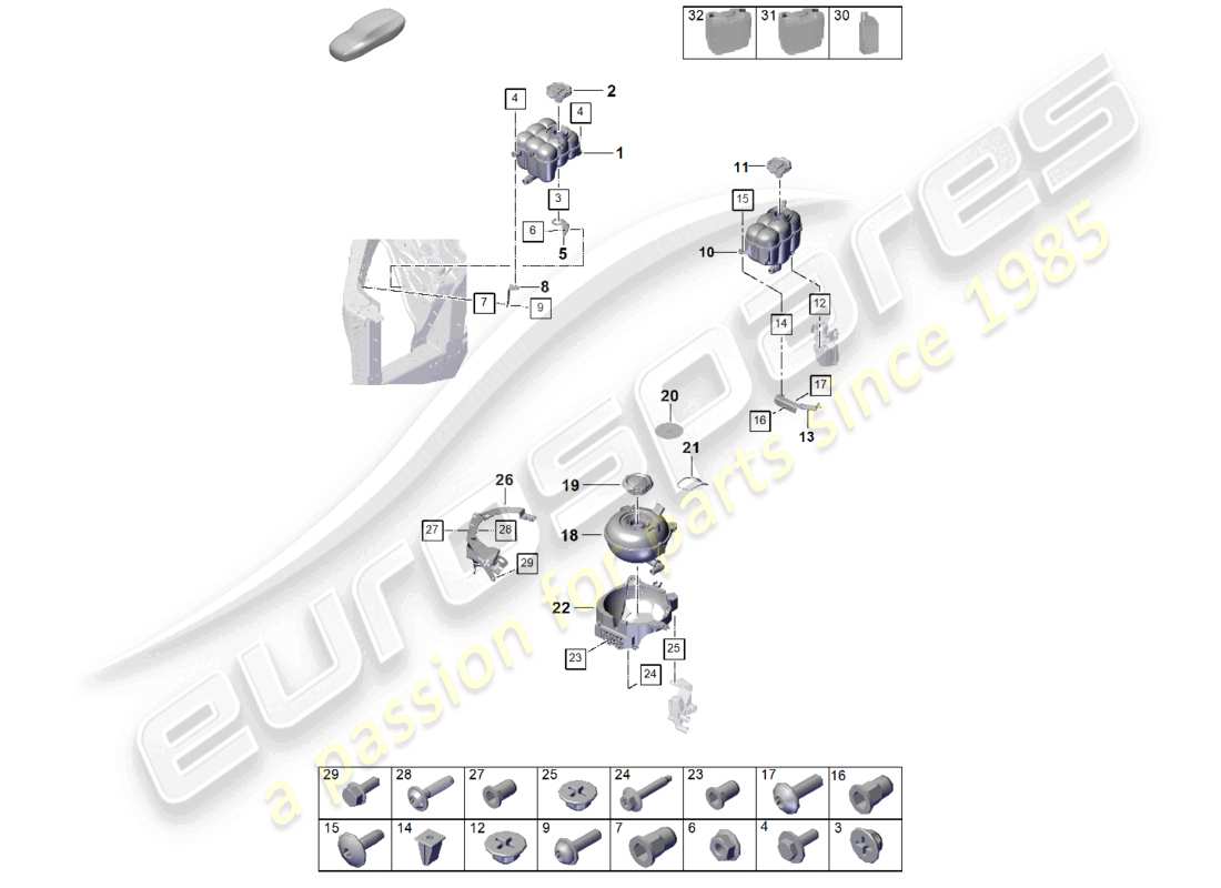 porsche 2025 (cayenne e3 pa) système de refroidissement du liquide de refroidissement vase d'expansion du liquide de refroidissement schéma des pièces
