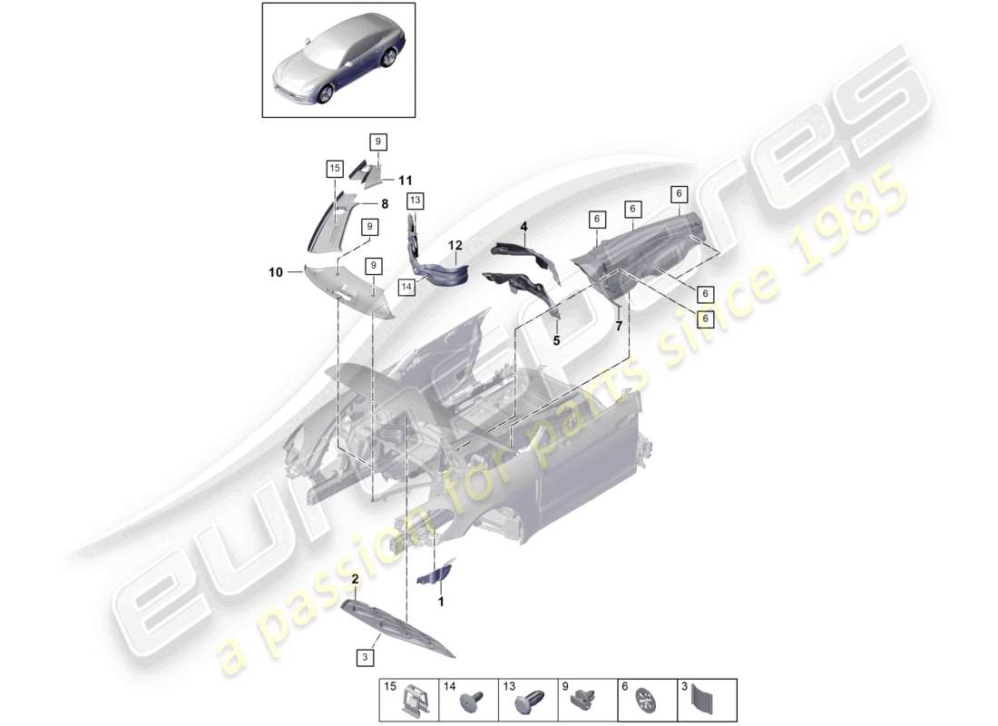 porsche 2021 (panamera 971-1) schéma des pièces du panneau de couverture avant de l'absorbeur de bruit