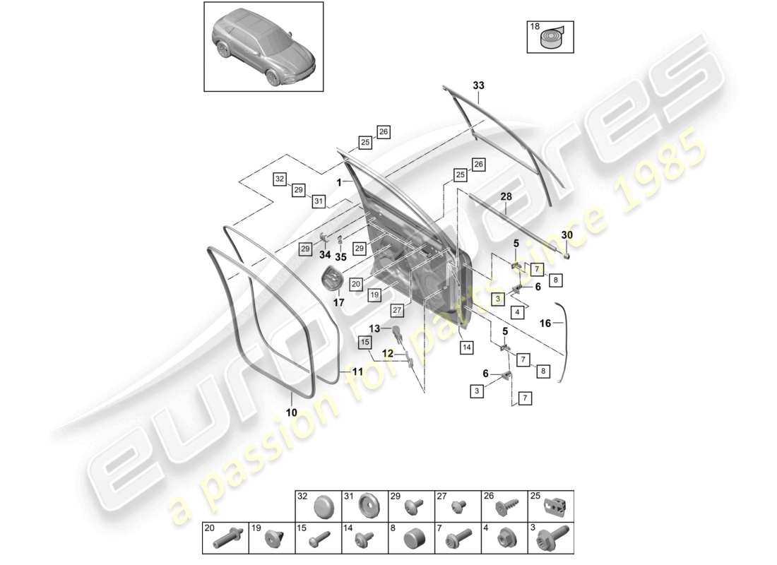 porsche 2021 (cayenne e3 9ya/9yb) schéma des pièces des joints avant de la coque de porte
