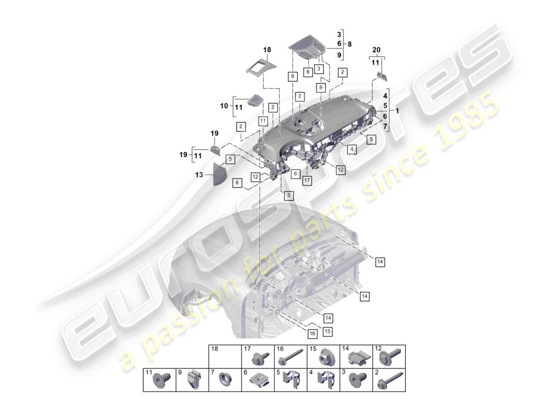 porsche 2026 (cayenne e3 pa) schéma des pièces de garniture supérieure du tableau de bord et des accessoires