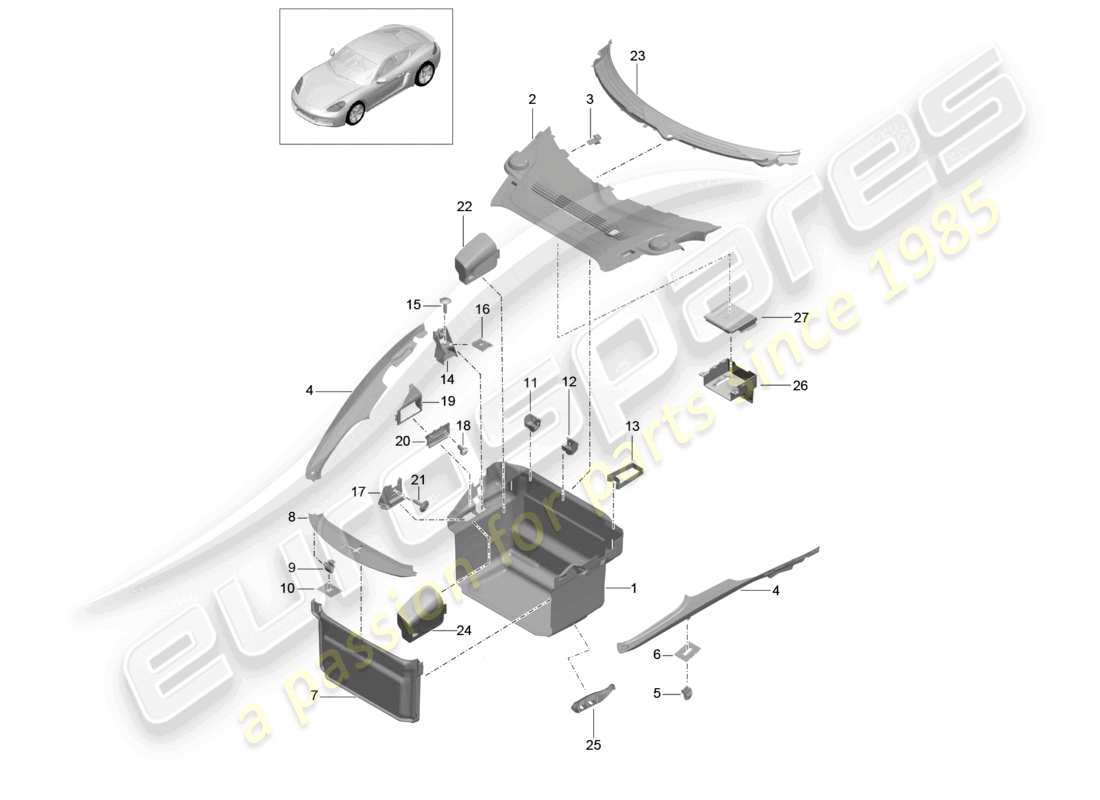 porsche 2021 (718 cayman) schéma des pièces de la garniture avant du coffre à bagages