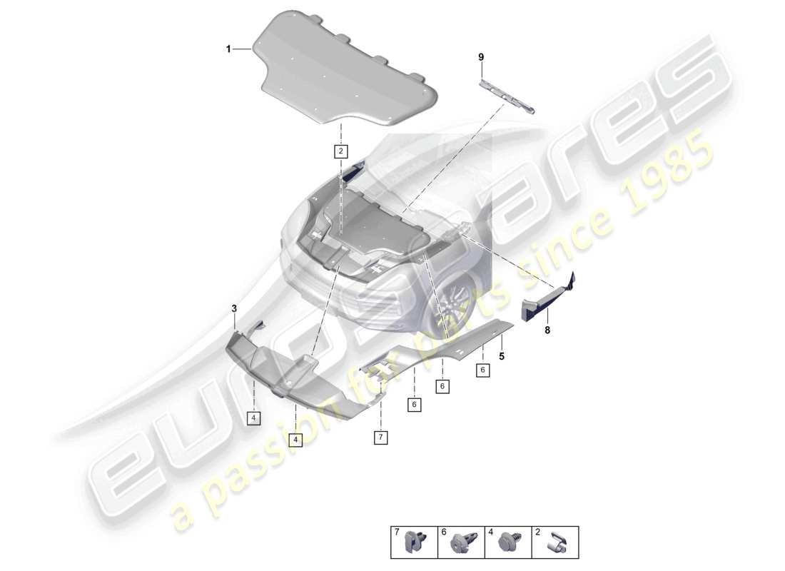 porsche 2024 (cayenne e3 9ya/9yb) amortisseur de bruit compartiment moteur panneau de couverture avant diagramme des pièces