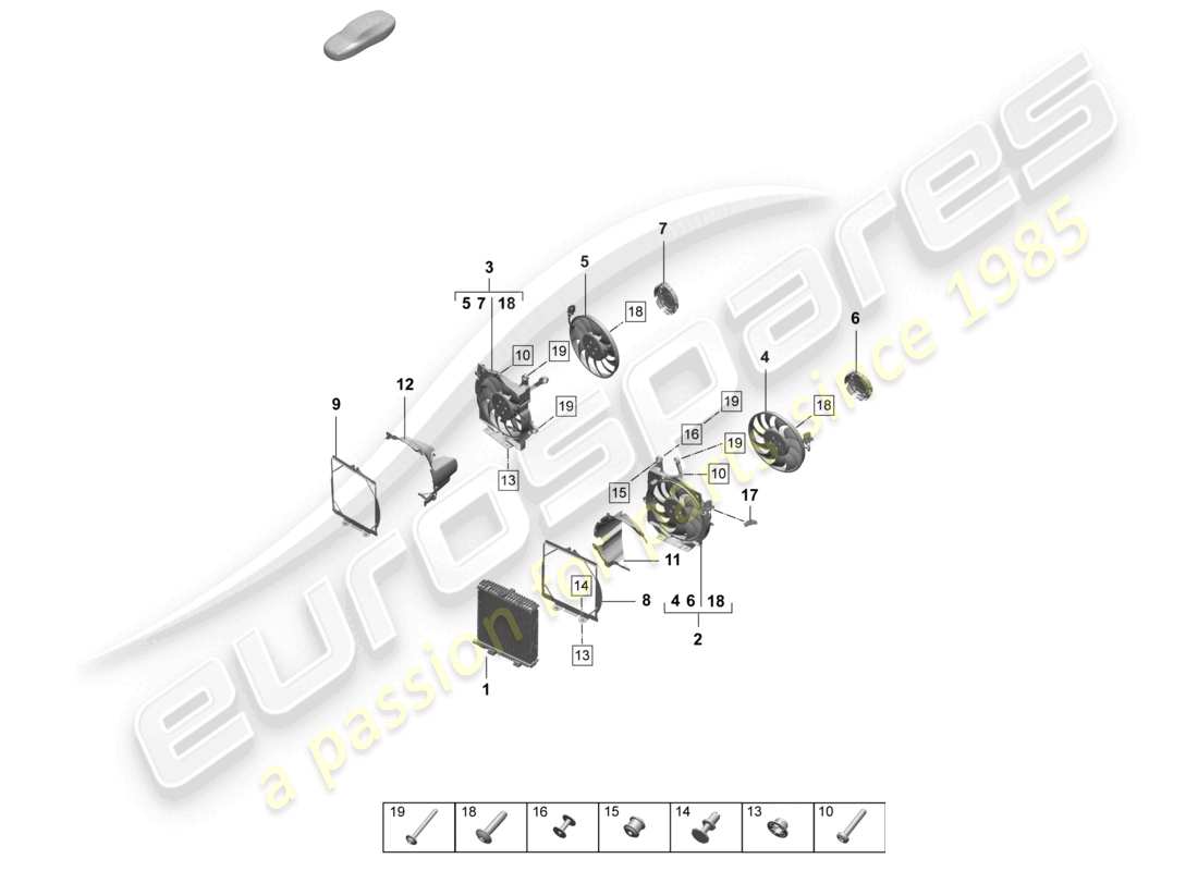porsche 2026 (taycan 9j1-2) radiateur de liquide de refroidissement avec ventilateur de radiateur schéma des pièces