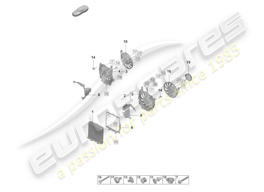 porsche 2022 (taycan 9j1-1) radiateur de liquide de refroidissement avec ventilateur de radiateur schéma des pièces