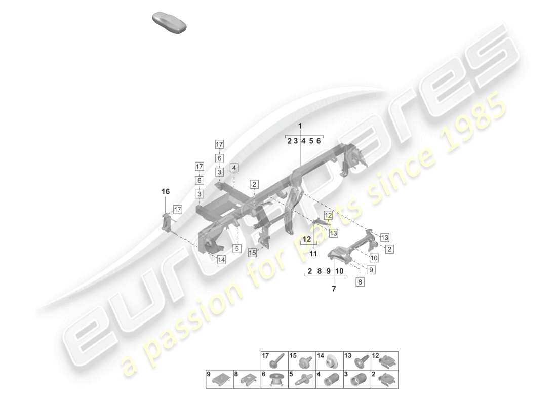 porsche 2022 (taycan 9j1-1) schéma du support du tableau de bord et des pièces diverses