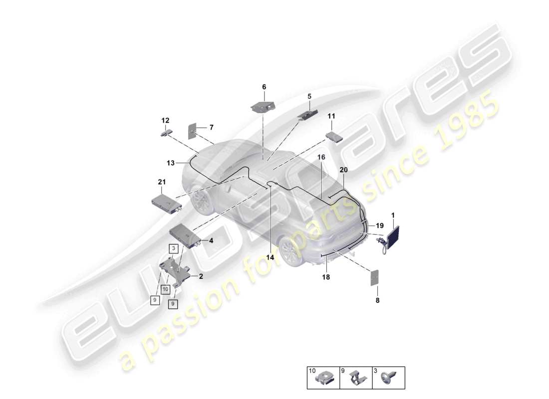 porsche 2024 (cayenne e3 9ya/9yb) schéma des pièces de l'antenne téléphonique du système multimédia aérien