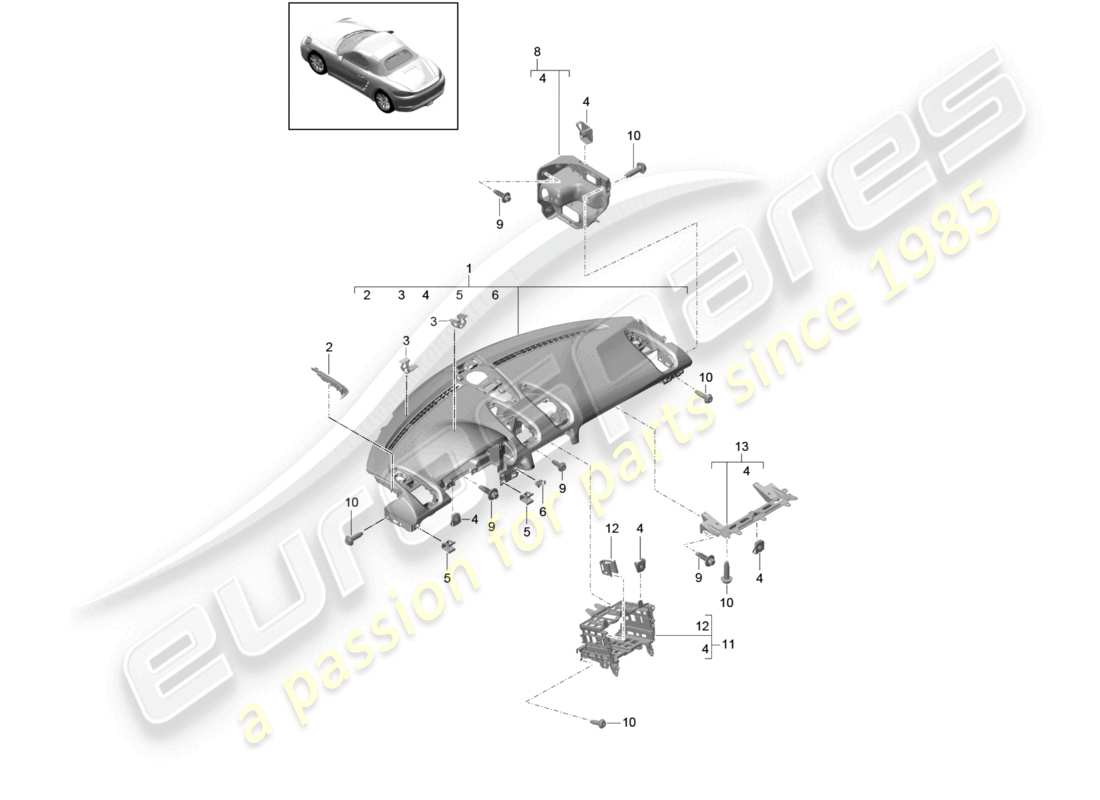 porsche 2025 (718 boxster) garniture du tableau de bord partie supérieure avec : fixations schéma des pièces