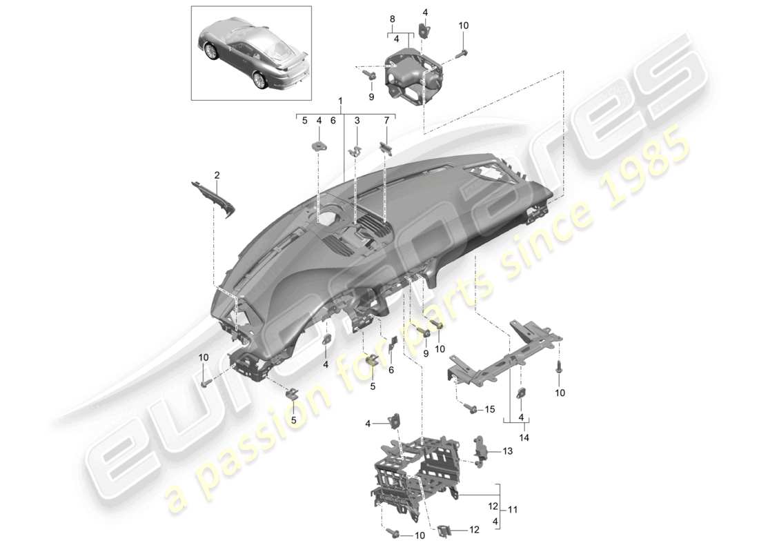 porsche 2021 (991-2 r/gt3/rs) garniture du tableau de bord partie supérieure fixations incluses diagramme des pièces