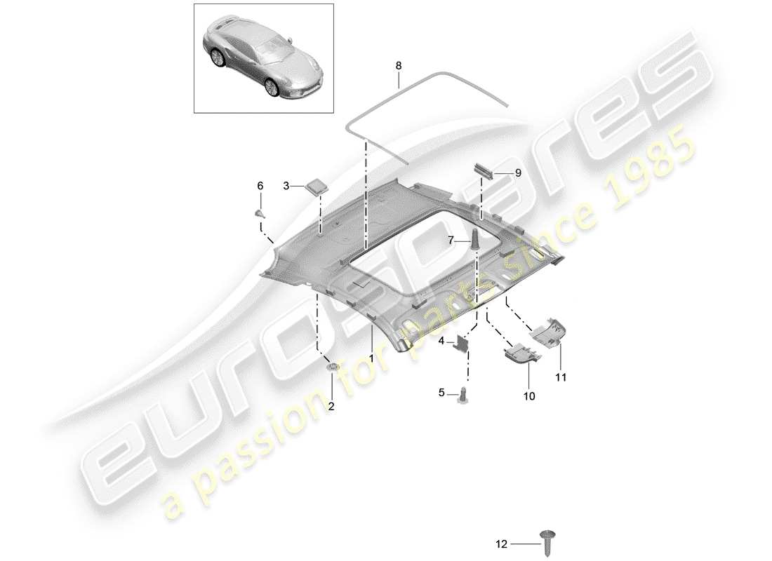 porsche 2018 (991-2 turbo) panneau de garniture de toit schéma des pièces
