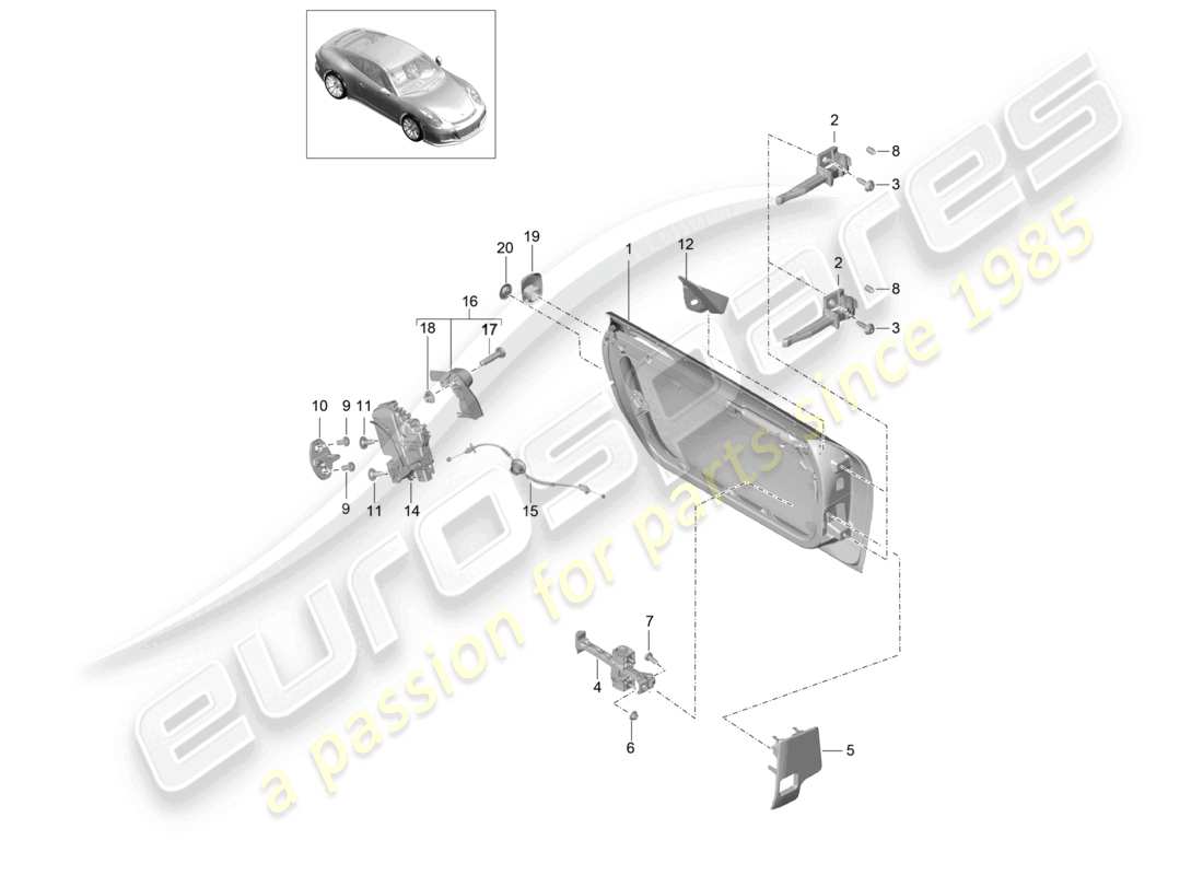 porsche 2021 (991-2 r/gt3/rs) schéma des pièces de la coque de porte de la serrure de porte