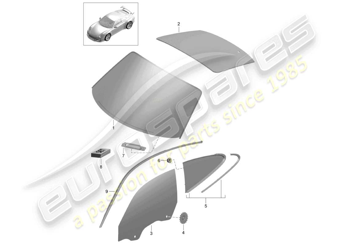 porsche 2021 (991-2 r/gt3/rs) vitres d >>- mj 2016 schéma des pièces