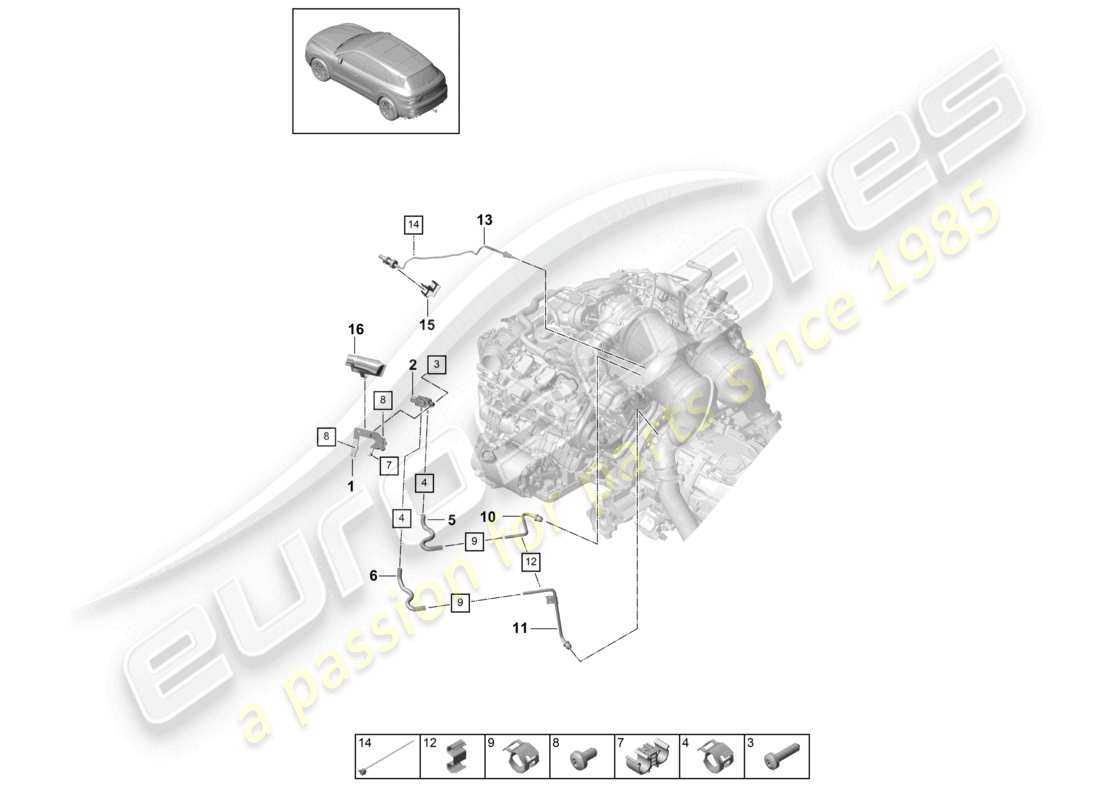 porsche 2024 (cayenne e3 9ya/9yb) ligne de commande avec transmetteur de différence de pression transmetteur de température des gaz d'échappement schéma des pièces