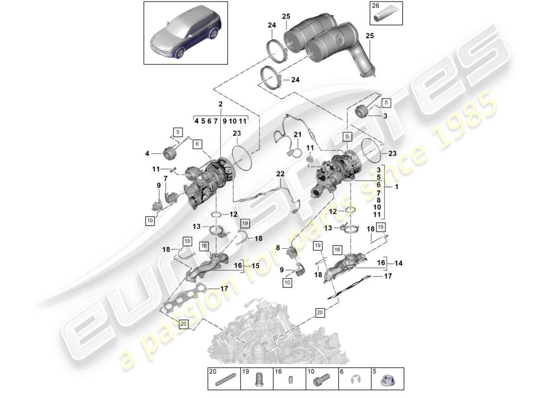 porsche 2024 (cayenne e3 9ya/9yb) turbocompresseur à gaz d'échappement collecteurs d'échappement sonde lambda schéma des pièces