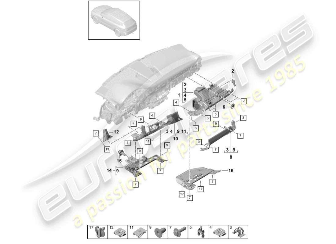 porsche 2024 (cayenne e3 9ya/9yb) schéma des pièces des accessoires de garniture inférieure du tableau de bord