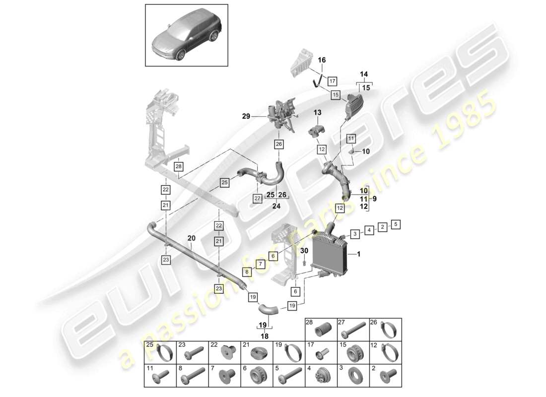 porsche 2024 (cayenne e3 9ya/9yb) schéma des pièces du tuyau de pression du refroidisseur d'air de suralimentation