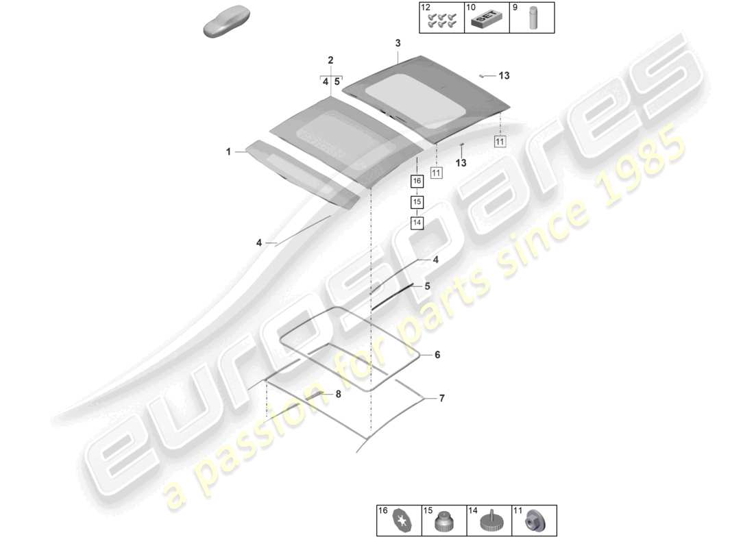 porsche 2026 (panamera 976) schéma des pièces des accessoires pour toit coulissant en verre