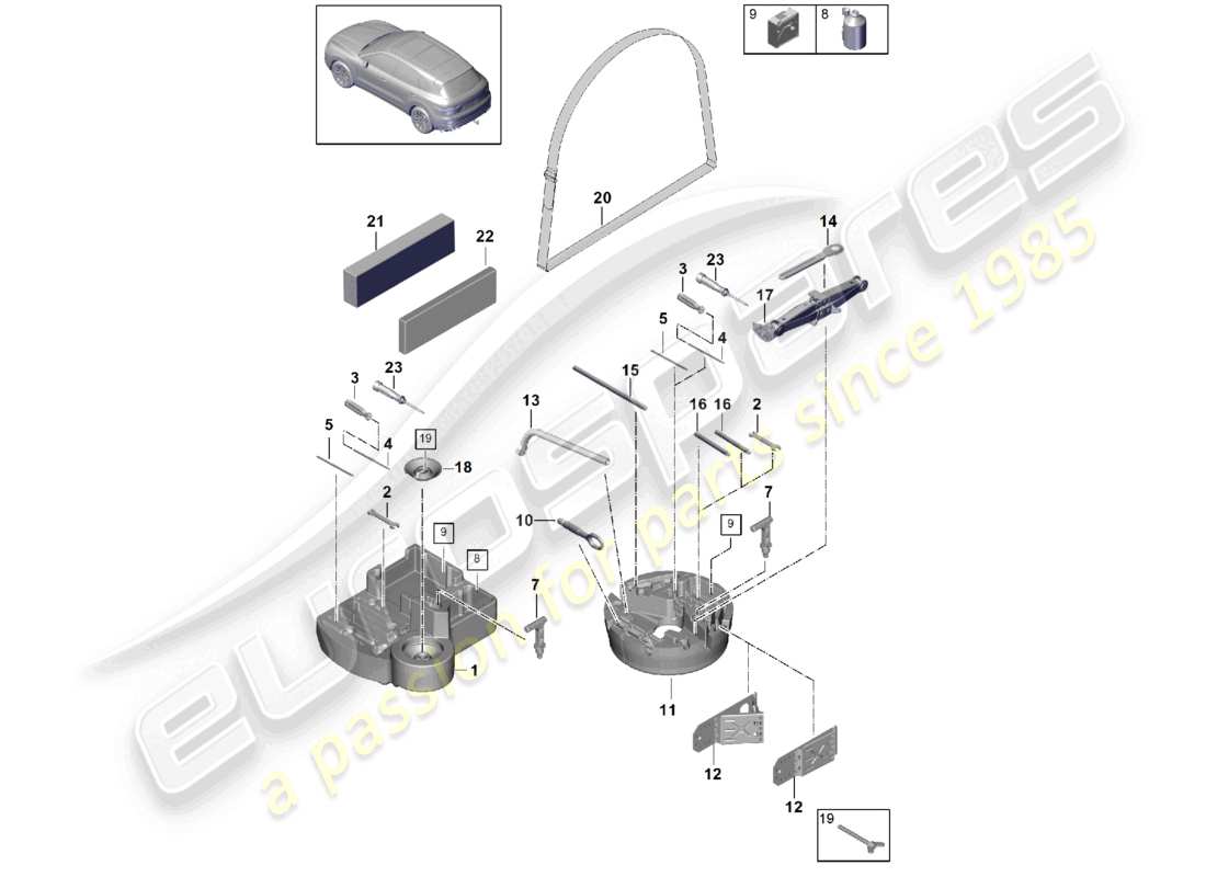 porsche 2024 (cayenne e3 9ya/9yb) schéma des pièces du cric à outils