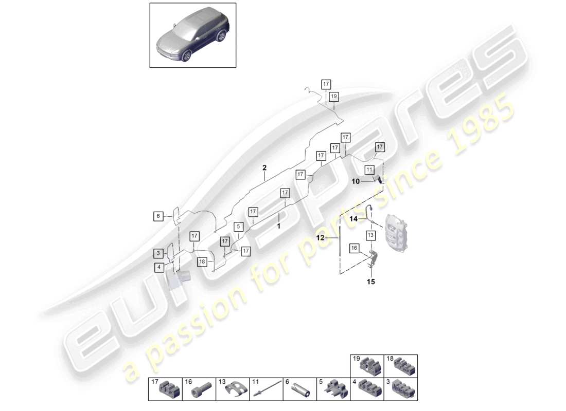 porsche 2023 (cayenne e3 9ya/9yb) schéma des pièces du soubassement de la conduite de frein et de l'essieu arrière