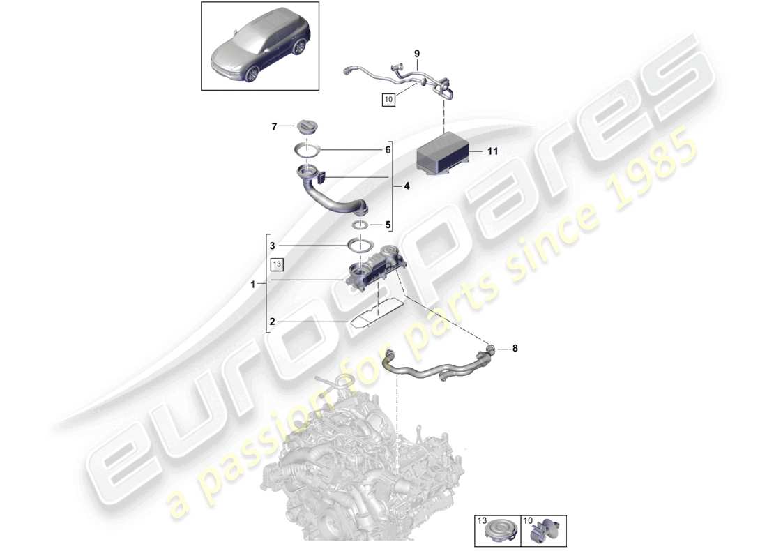 porsche 2024 (cayenne e3 9ya/9yb) ventilation du séparateur d'huile du bloc-cylindres schéma des pièces