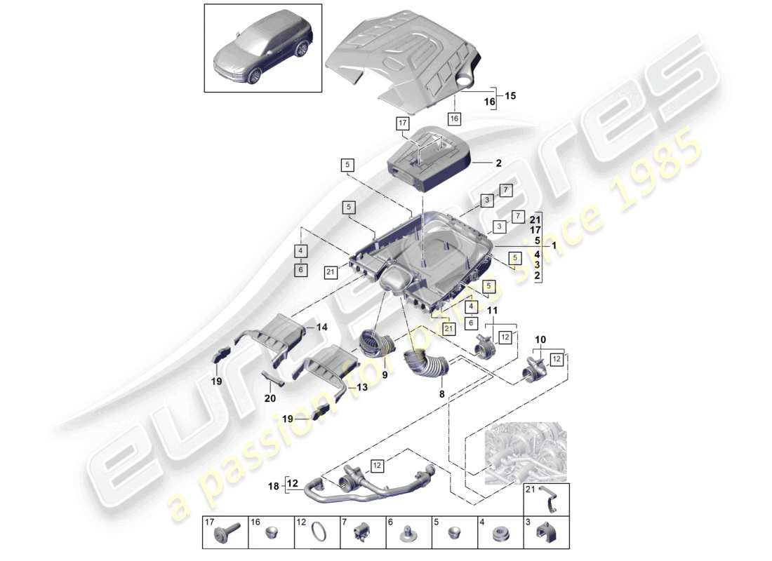 porsche 2024 (cayenne e3 9ya/9yb) filtre à air avec pièces de connexion couvercle du moteur schéma des pièces