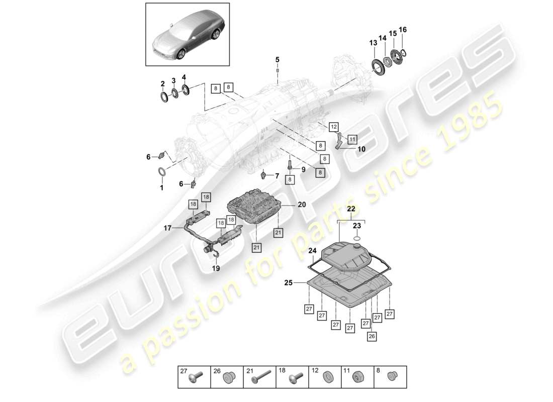 porsche 2021 (panamera 971-1) 8-speed boîte de vitesses à double embrayage - pdk - mécatronique avec filtre à huile logiciel carter d'huile de transmission schéma des pièces